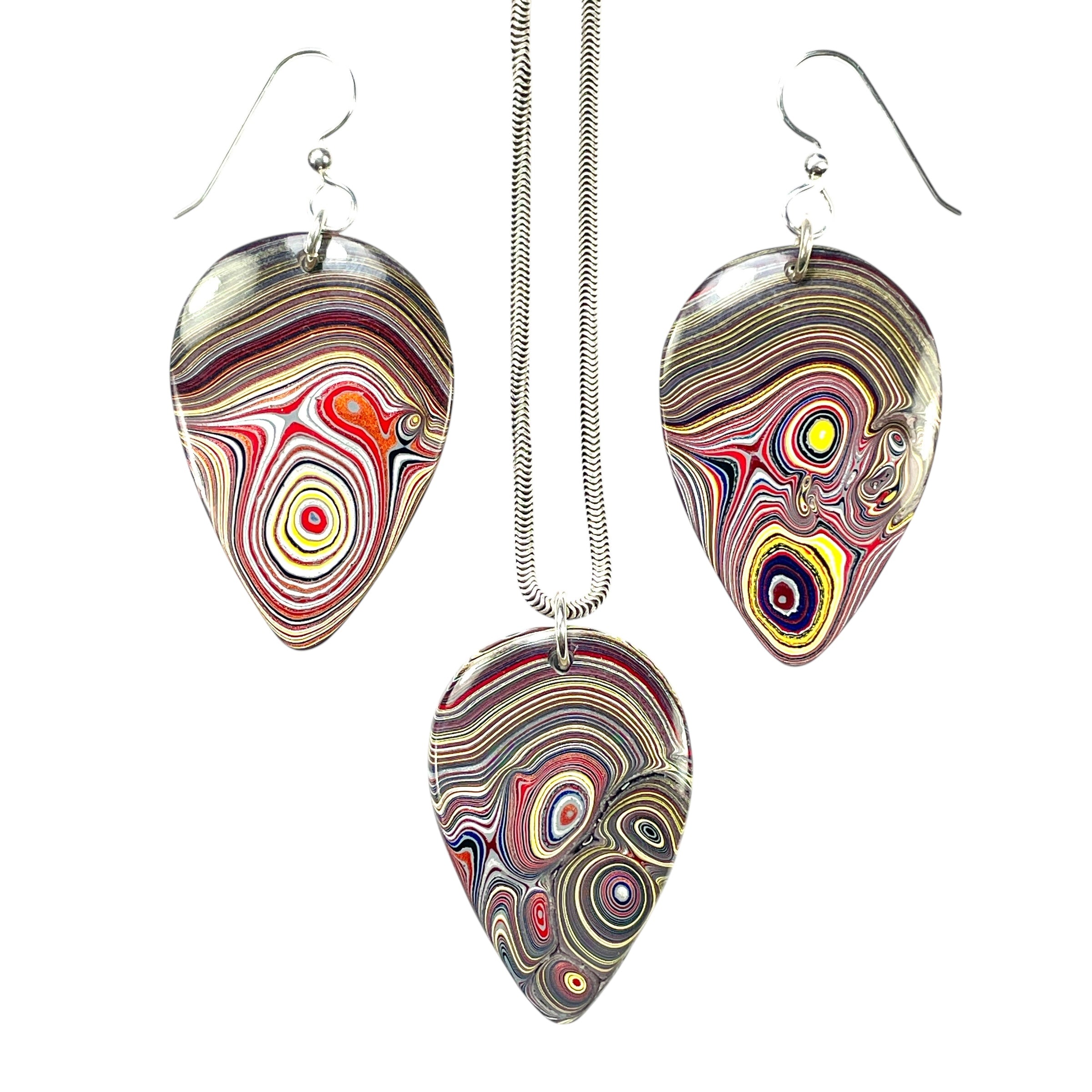 DVH Genuine Corvette Fordite Earring & Pendant Suite Sterling Silver 36x24x5mm (6099)