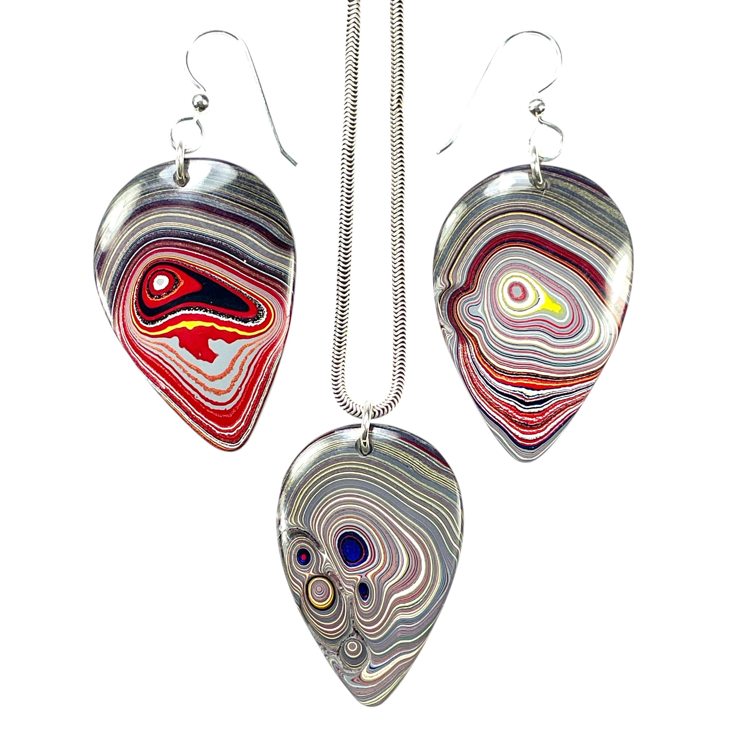 DVH Genuine Corvette Fordite Earring & Pendant Suite Sterling Silver 36x24x5mm (6099)