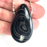 DVH Black Fordite Crown of Silver Sheen Onyx Teardrop Bead Pendant 46x23x15mm (5873)