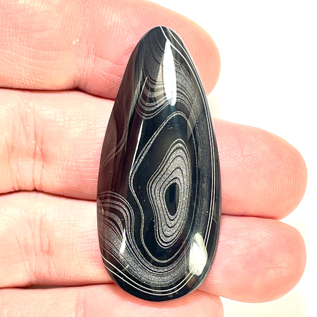 DVH Fordite Cabochon Rare Black Onyx Crown of Silver Sheen 48x22x7mm (6494) - DVHdesigns
