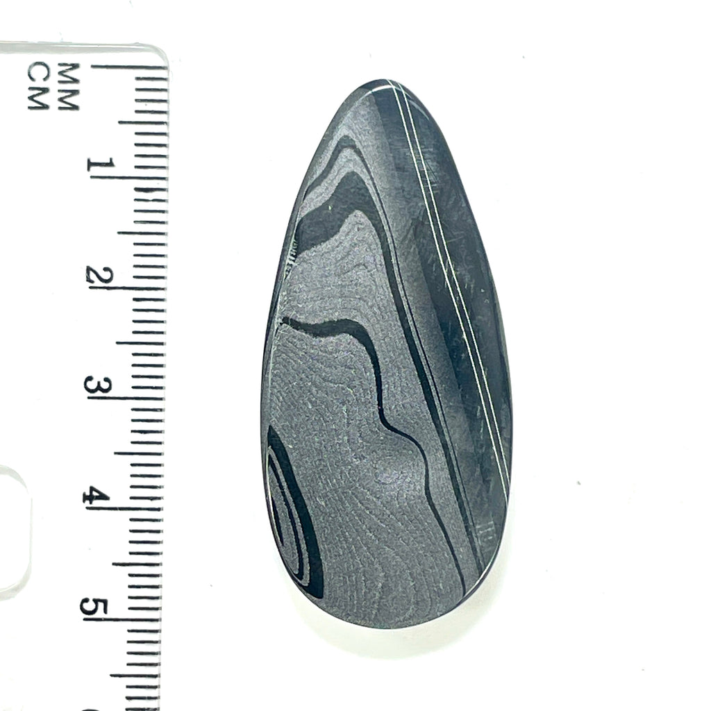 DVH Fordite Cabochon Rare Black Onyx Crown of Silver Sheen 48x22x7mm (6494) - DVHdesigns