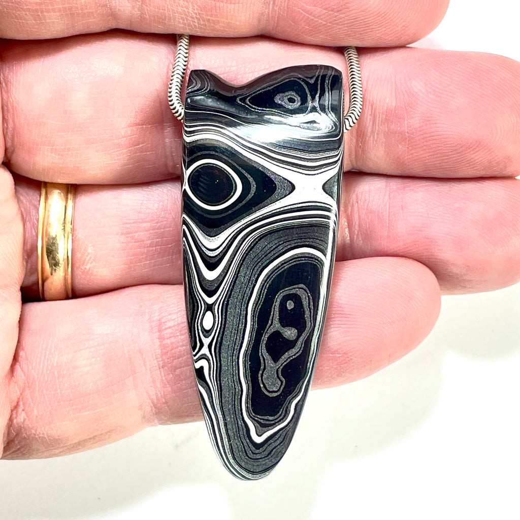 DVH Fordite Bead Pendant Rare Black Onyx Crown of Silver Sheen 56x22x6mm (6500) - DVHdesigns