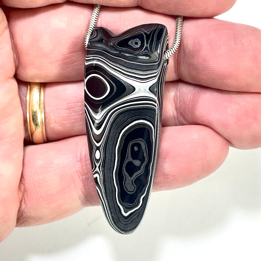 DVH Fordite Bead Pendant Rare Black Onyx Crown of Silver Sheen 56x22x6mm (6500) - DVHdesigns