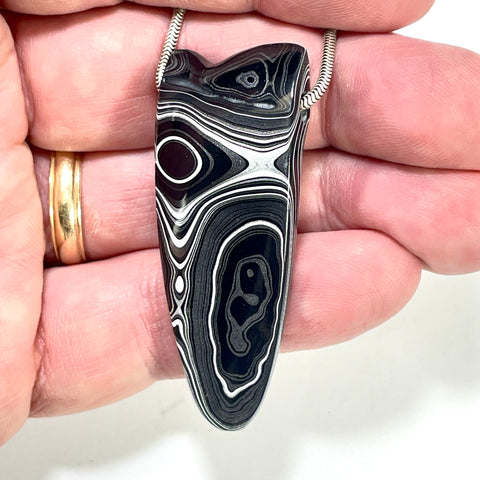 DVH Fordite Bead Pendant Rare Black Onyx Crown of Silver Sheen 56x22x6mm (6500)