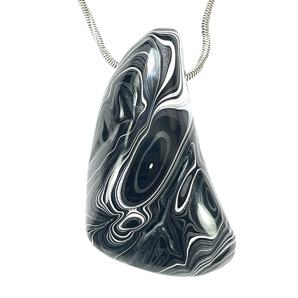 DVH Fordite Bead Pendant Rare Black Onyx Crown of Silver Sheen 56x33x16mm (6501) - DVHdesigns