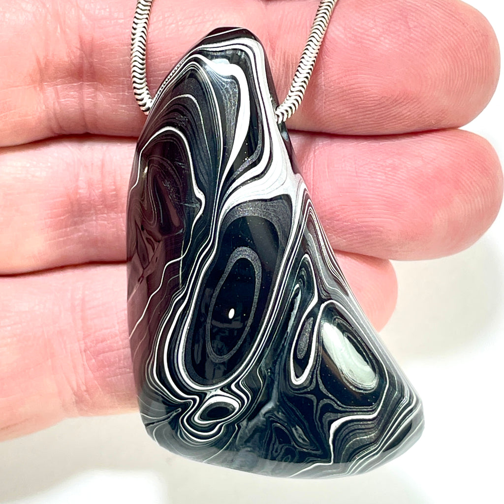 DVH Fordite Bead Pendant Rare Black Onyx Crown of Silver Sheen 56x33x16mm (6501) - DVHdesigns
