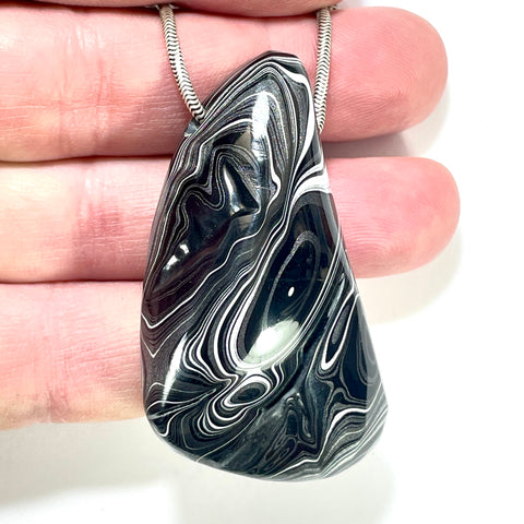 DVH Fordite Bead Pendant Rare Black Onyx Crown of Silver Sheen 56x33x16mm (6501)