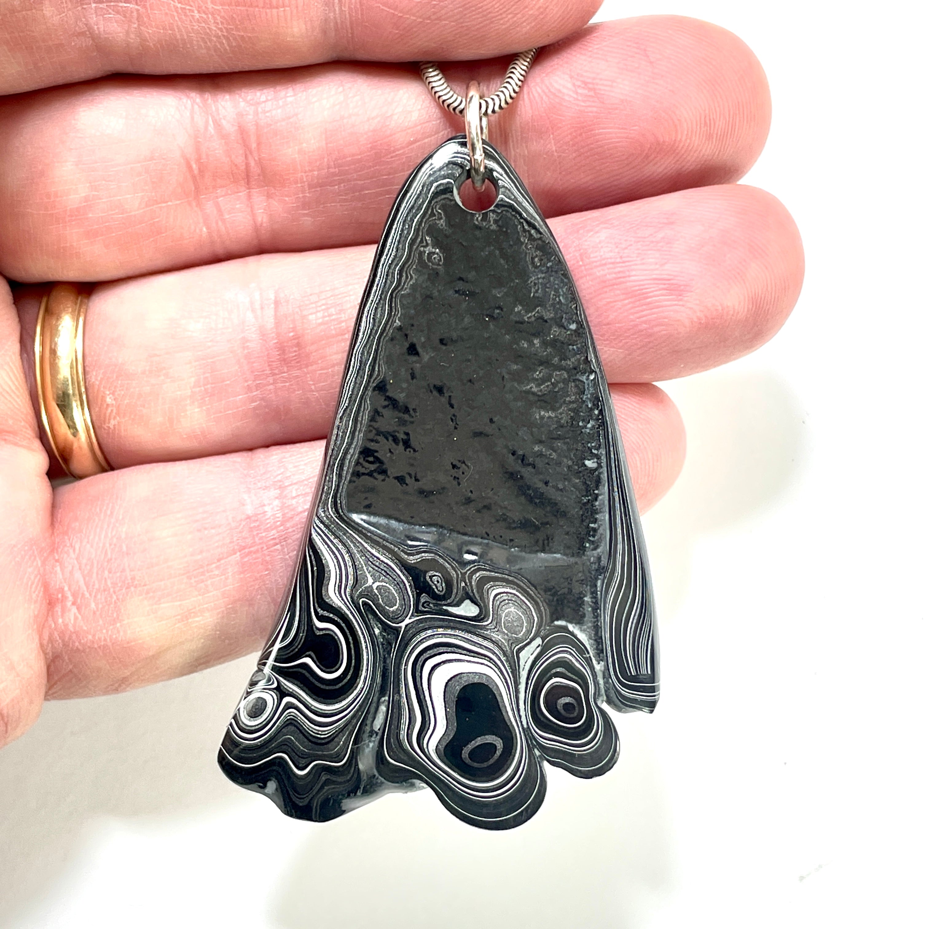 DVH Fordite Pendant Rare Black Onyx Crown of Silver Sheen 63x37x8mm (6502) - DVHdesigns