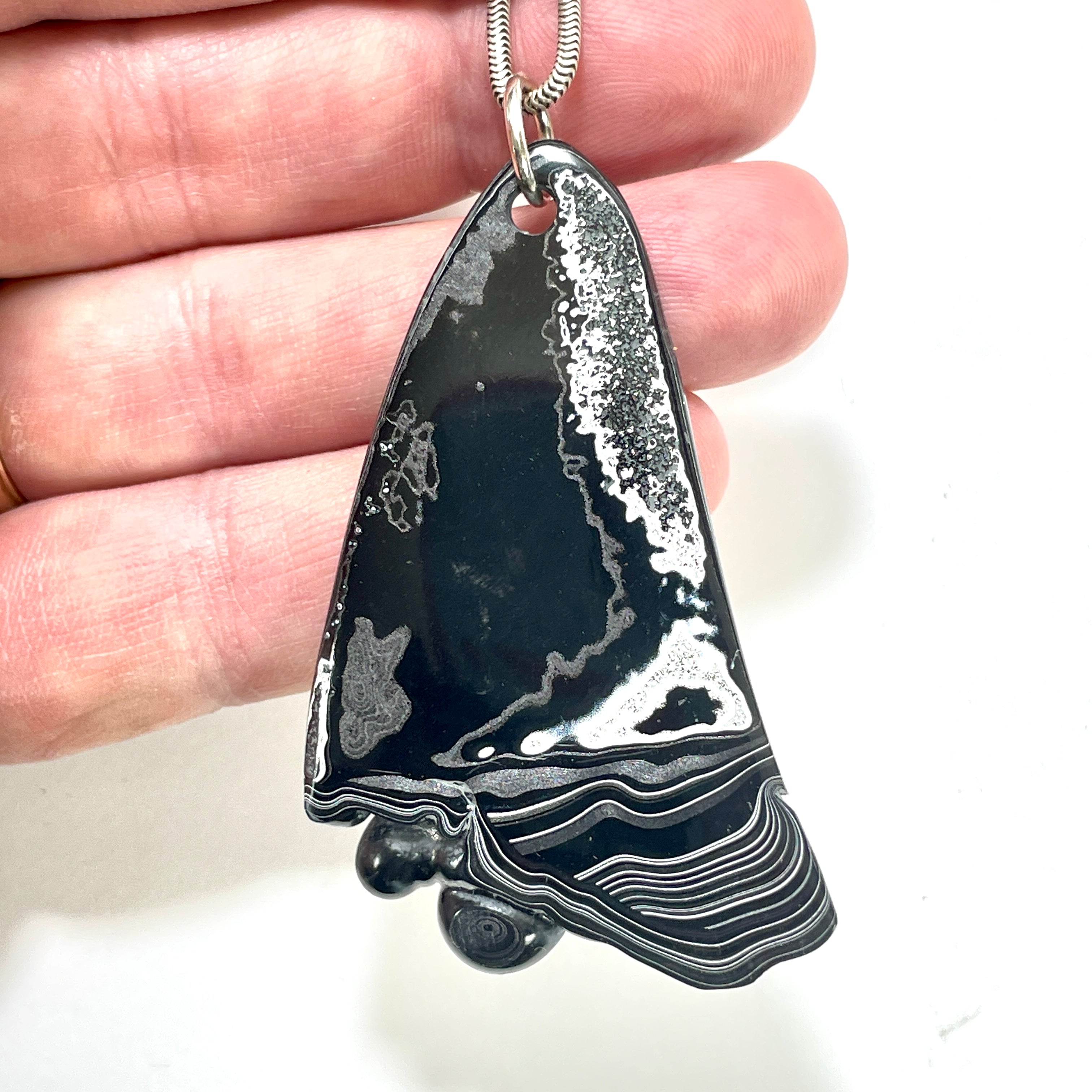 DVH Fordite Pendant Rare Black Onyx Crown of Silver Sheen 63x37x8mm (6502) - DVHdesigns