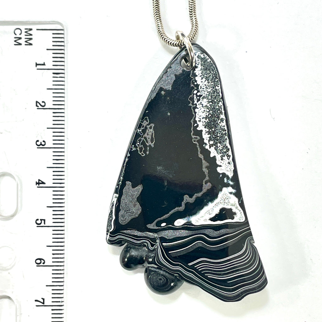 DVH Fordite Pendant Rare Black Onyx Crown of Silver Sheen 63x37x8mm (6502) - DVHdesigns