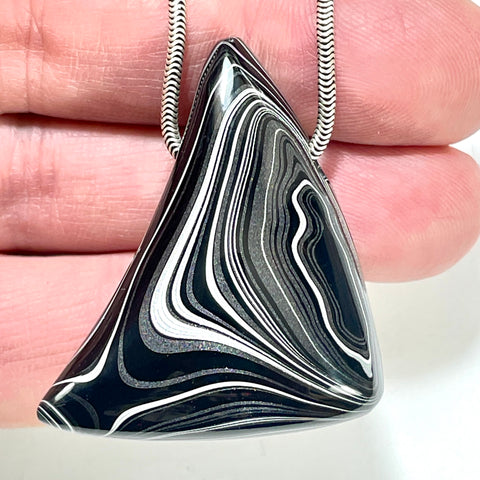 DVH Fordite Bead Pendant Rare Black Onyx Crown of Silver Sheen 41x36x16mm (6503)