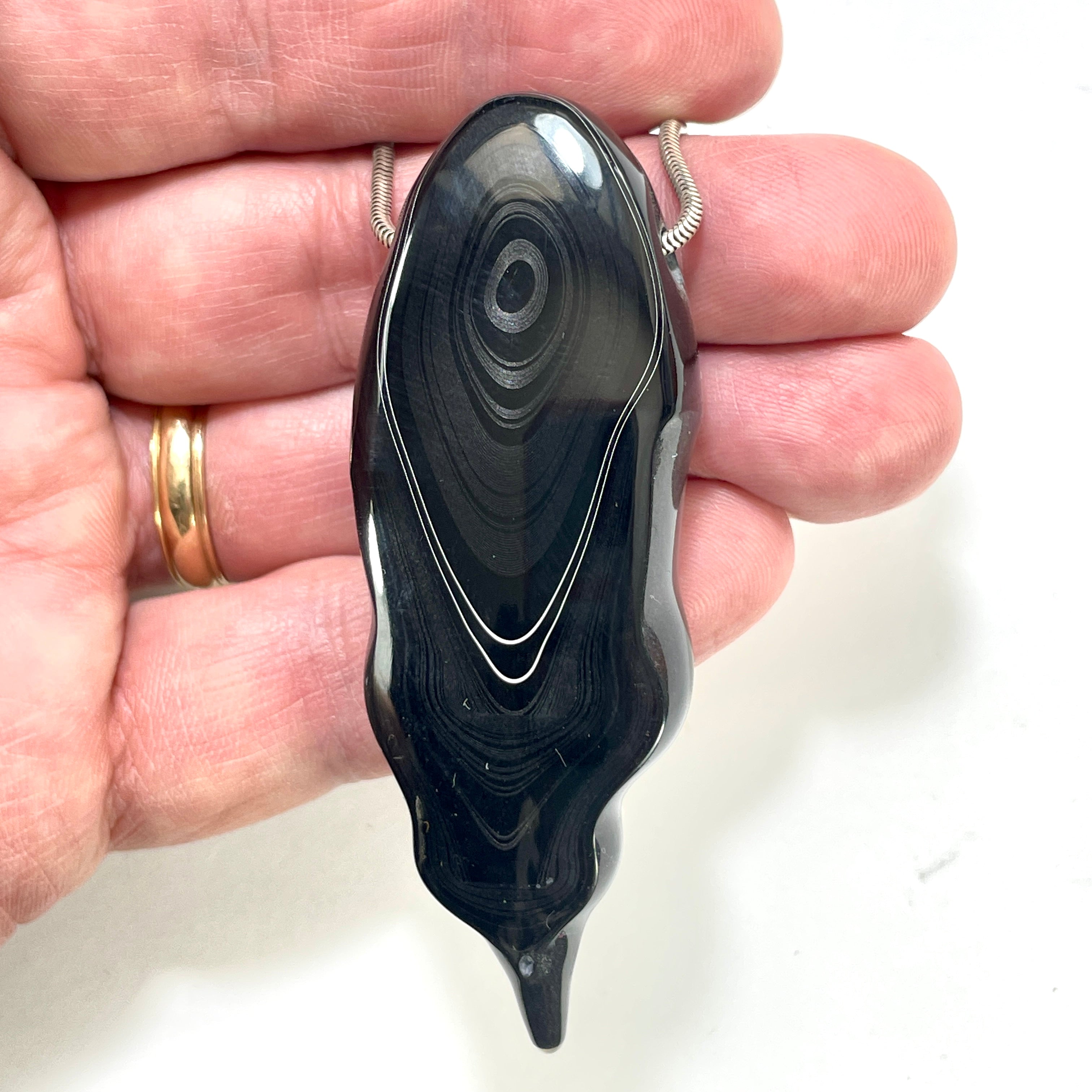 DVH Fordite Bead Pendant Rare Black Drip Drop Crown of Silver Sheen 78x28x15mm (6504) - DVHdesigns