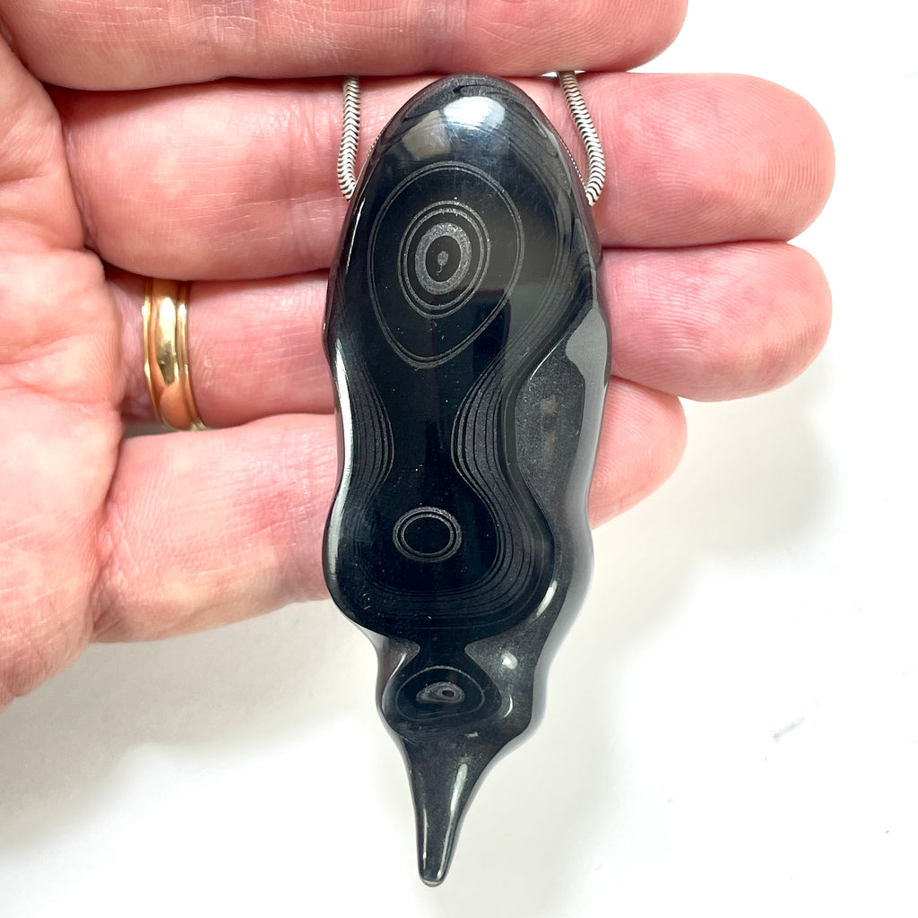 DVH Fordite Bead Pendant Rare Black Drip Drop Crown of Silver Sheen 78x28x15mm (6504) - DVHdesigns