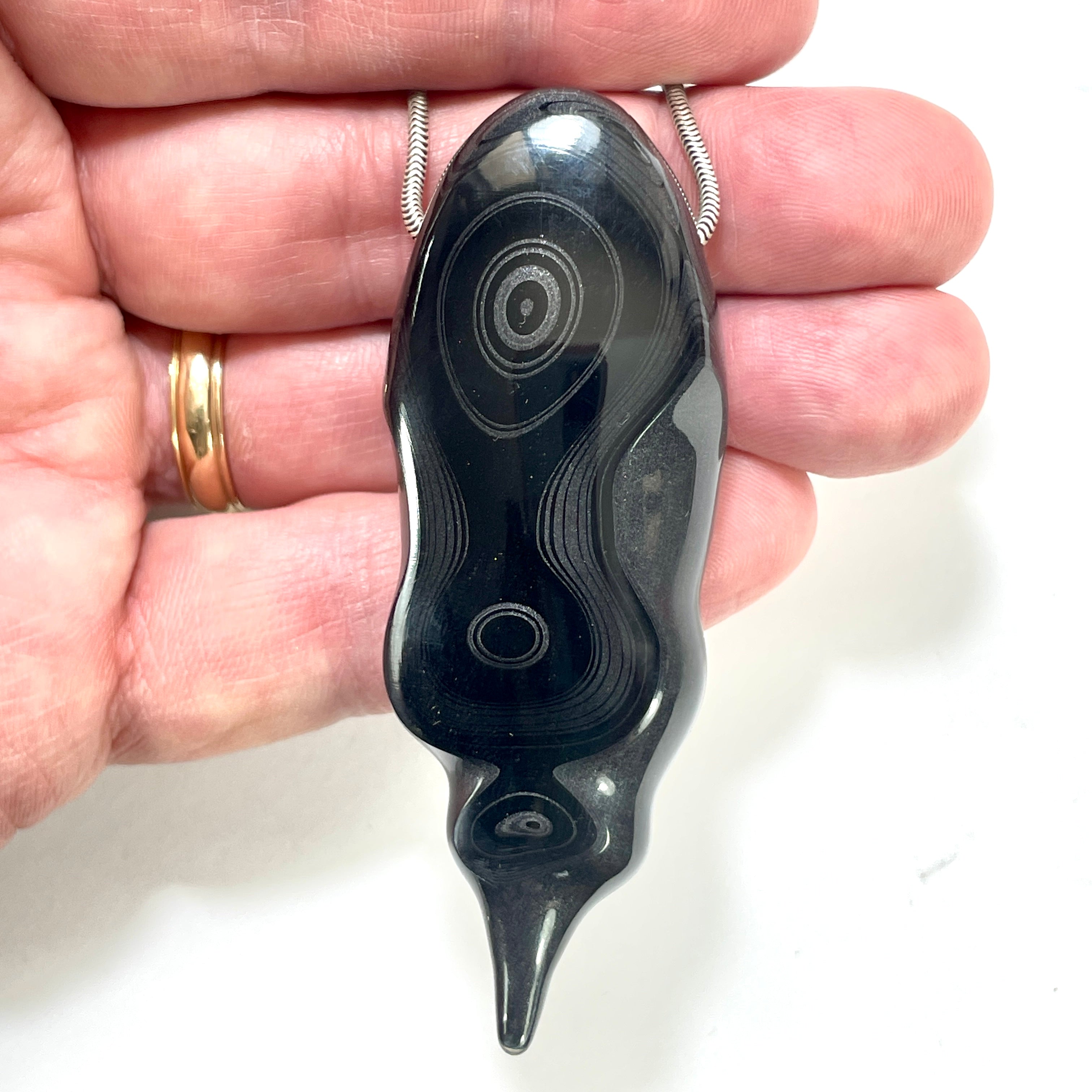 DVH Fordite Bead Pendant Rare Black Drip Drop Crown of Silver Sheen 78x28x15mm (6504) - DVHdesigns