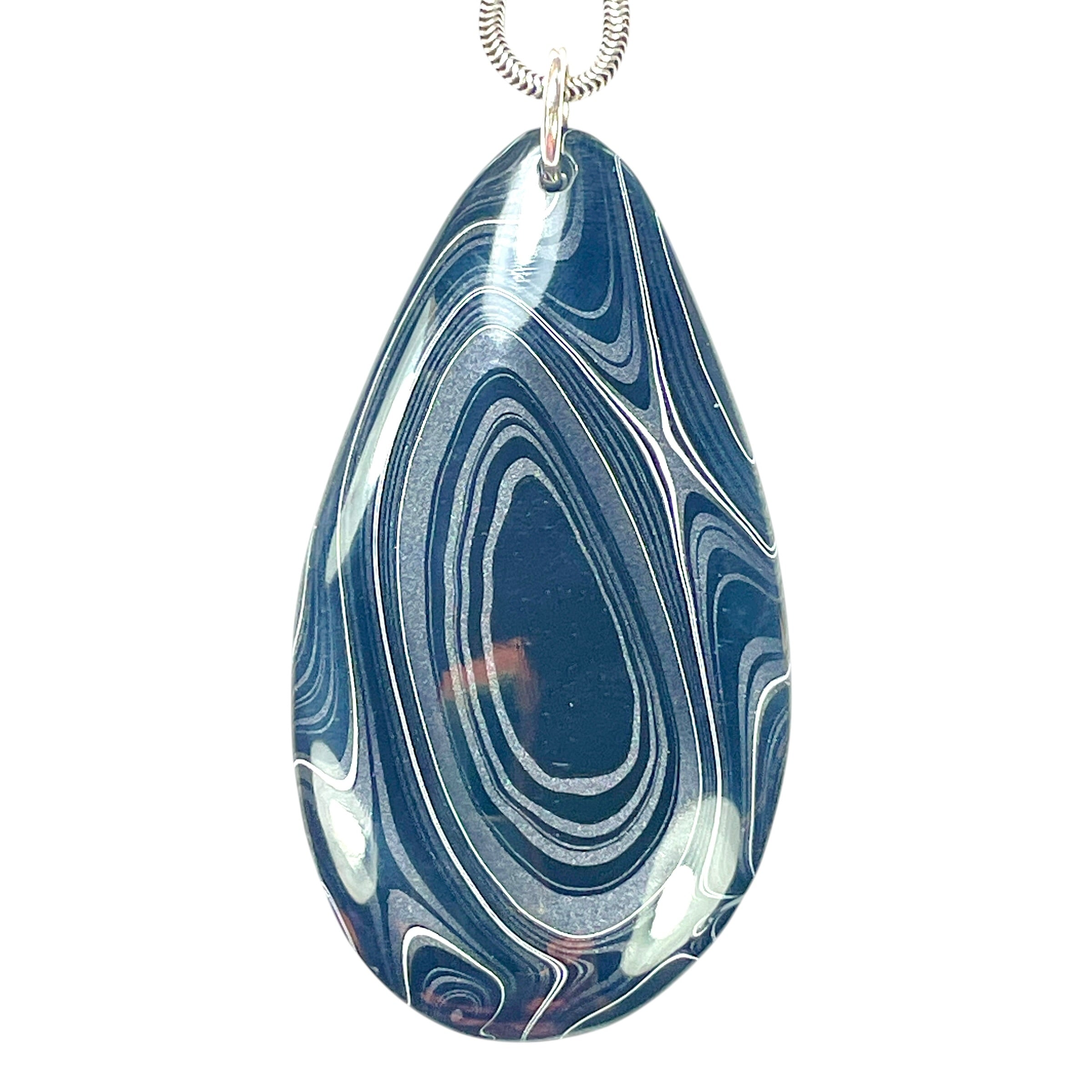 DVH Fordite Pendant Rare Black Onyx Crown of Silver Sheen 60x34x7mm (6542) - DVHdesigns