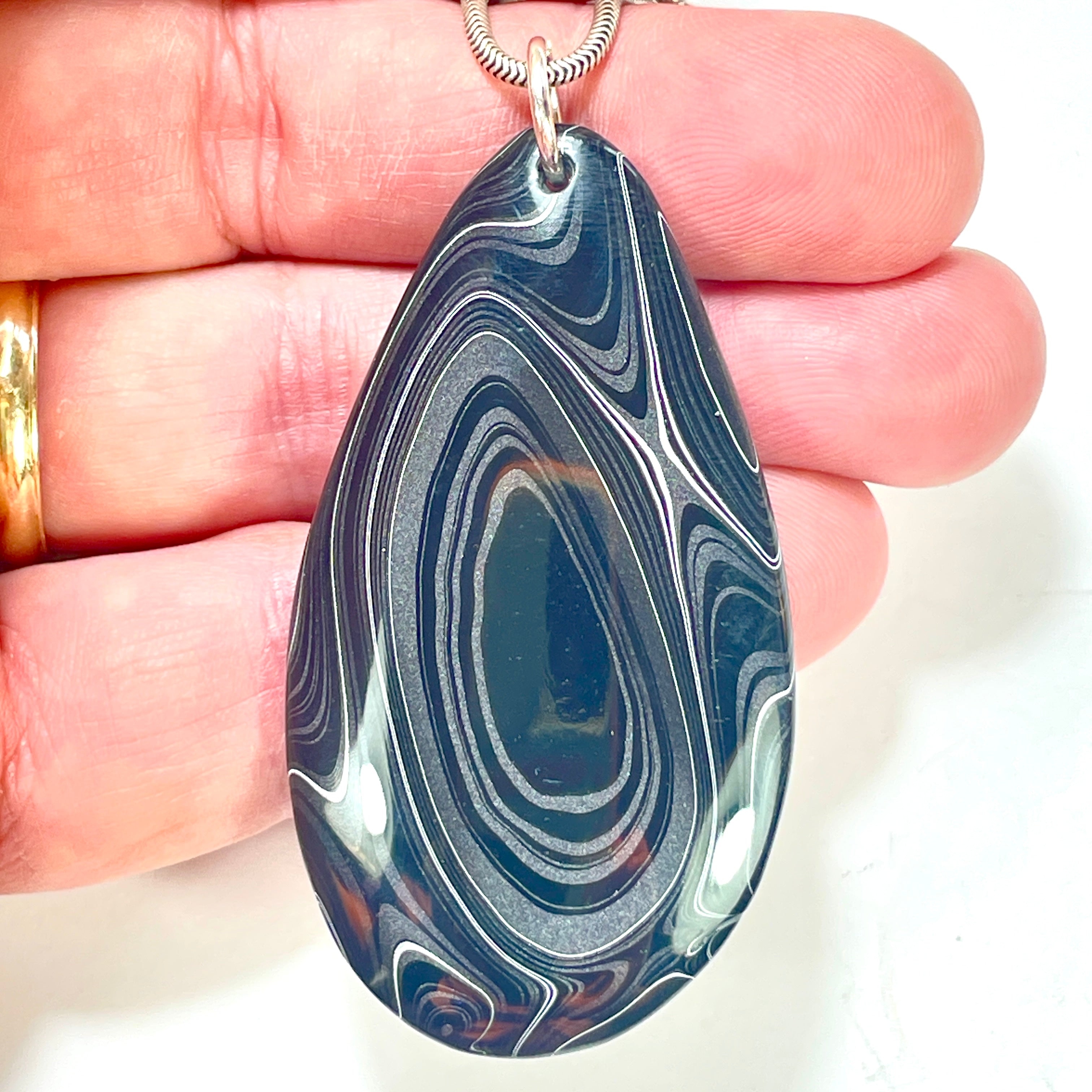 DVH Fordite Pendant Rare Black Onyx Crown of Silver Sheen 60x34x7mm (6542) - DVHdesigns