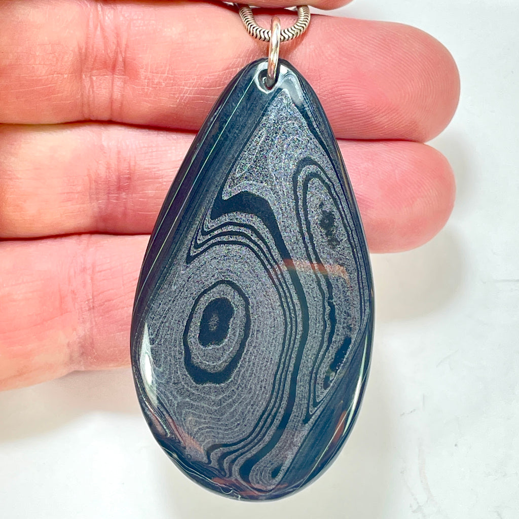 DVH Fordite Pendant Rare Black Onyx Crown of Silver Sheen 60x34x7mm (6542) - DVHdesigns