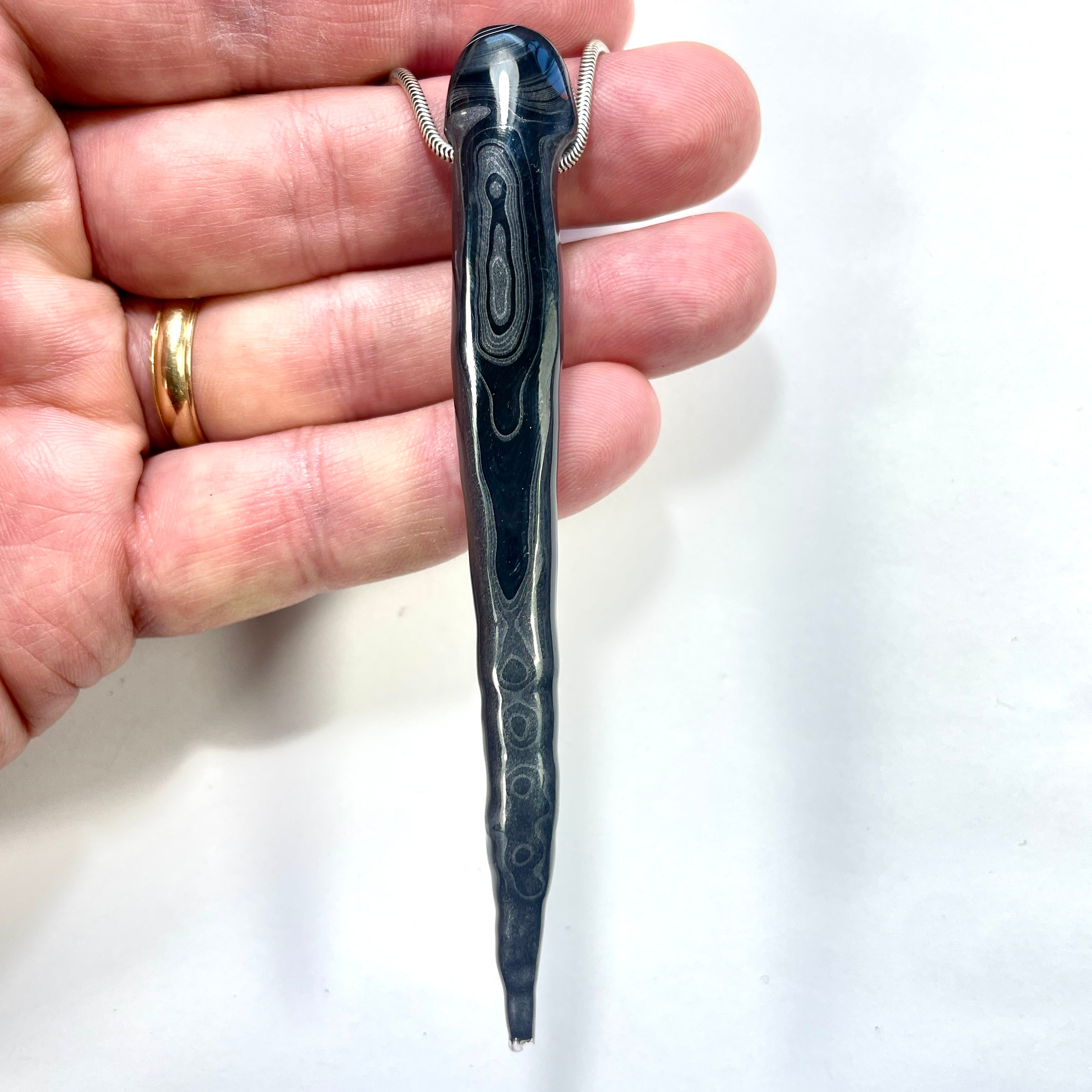 DVH Fordite Bead Pendant Rare Black Gold Stalactite Drip Silver Sheen 109x13x10mm (6602) - DVHdesigns