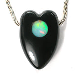 DVH Jet Mourning Heart Bead Ethiopian Opal Inlay Jewelry 33x22x11 (2637)