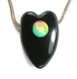 DVH Jet Mourning Heart Bead Ethiopian Opal Inlay Jewelry 33x22x11 (2637)