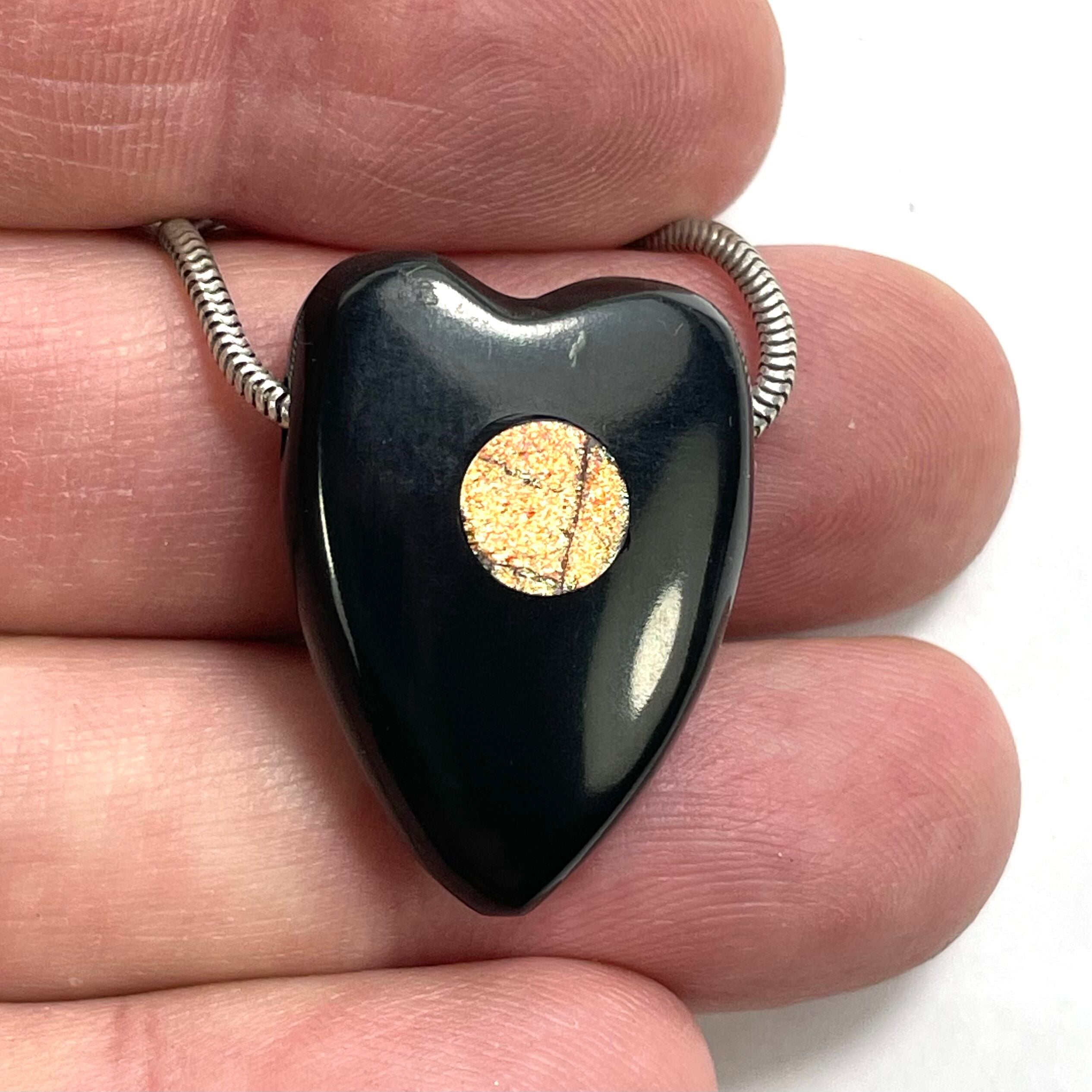 DVH Jet Mourning Heart Bead Pendant Sunstone Inlay Jewelry 28x20x10 (5880) - DVHdesigns