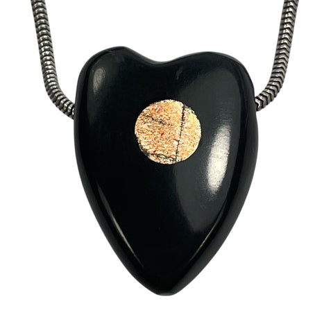 DVH Jet Mourning Heart Bead Pendant Sunstone Inlay Jewelry 28x20x10 (5880)