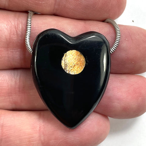 DVH Jet Mourning Heart Bead Pendant Sunstone Inlay Jewelry 35x28x10 (5882)