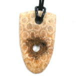 DVH Agatized Fossil Coral Shield Pendant Butt Hole 50x29x5mm Private Collection (5616)