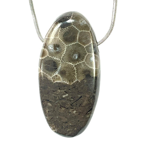 DVH Petoskey Stone Fossil Graveyard Bead Pendant Michigan Coral 52x26x12mm (6211)