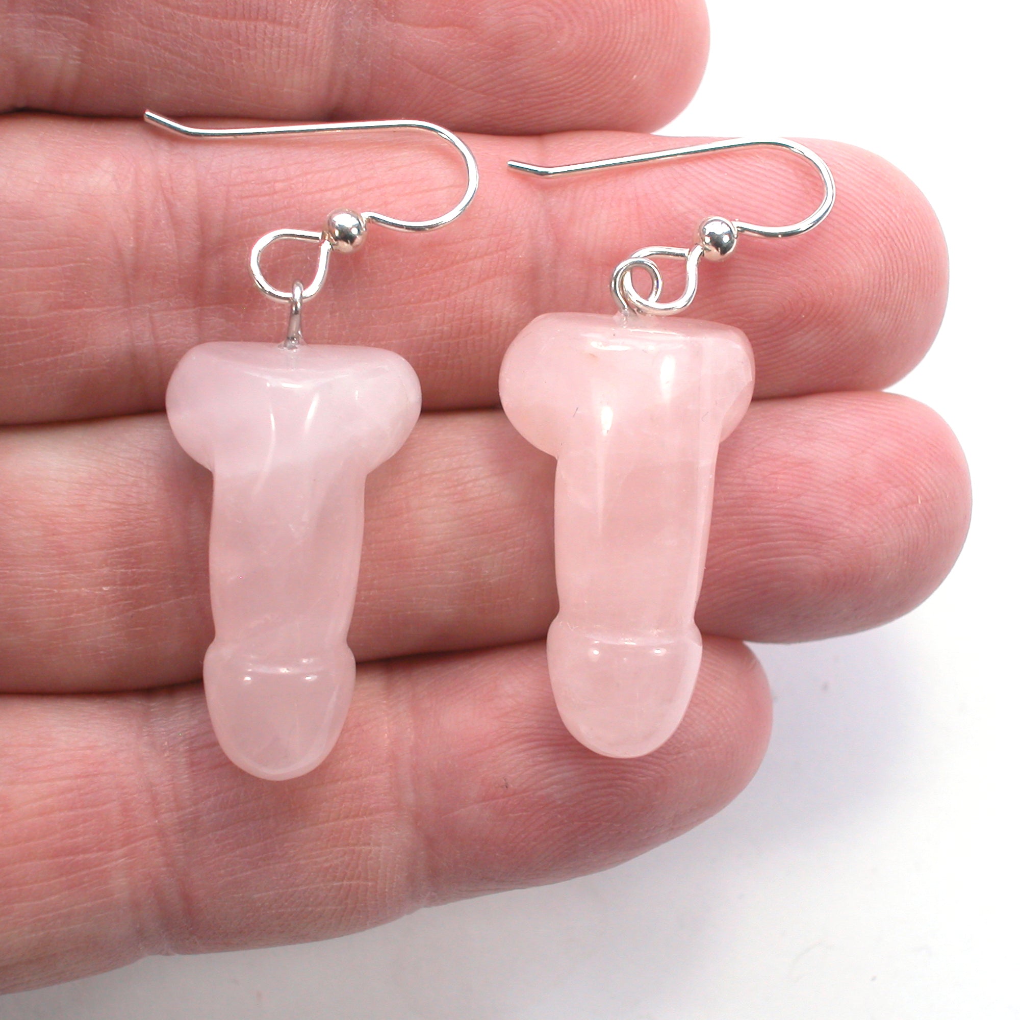 DVH Rose Quartz Penis Sterling Earrings Metaphysical Phallus Crystal Fascinus - DVHdesigns