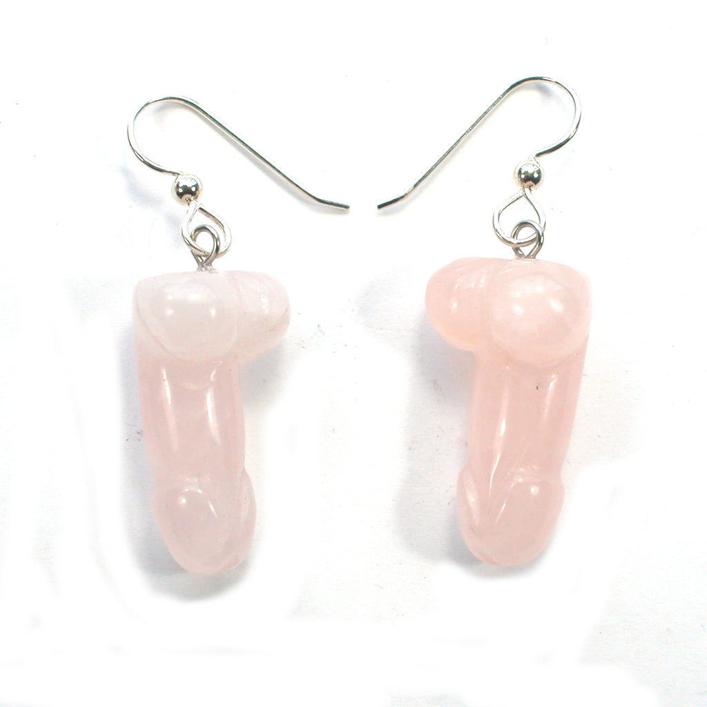 DVH Rose Quartz Penis Sterling Earrings Metaphysical Phallus Crystal Fascinus - DVHdesigns