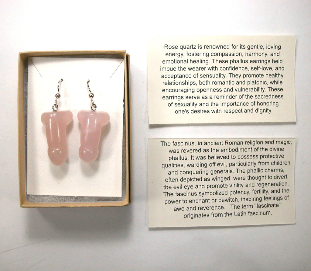 DVH Rose Quartz Penis Sterling Earrings Metaphysical Phallus Crystal Fascinus - DVHdesigns
