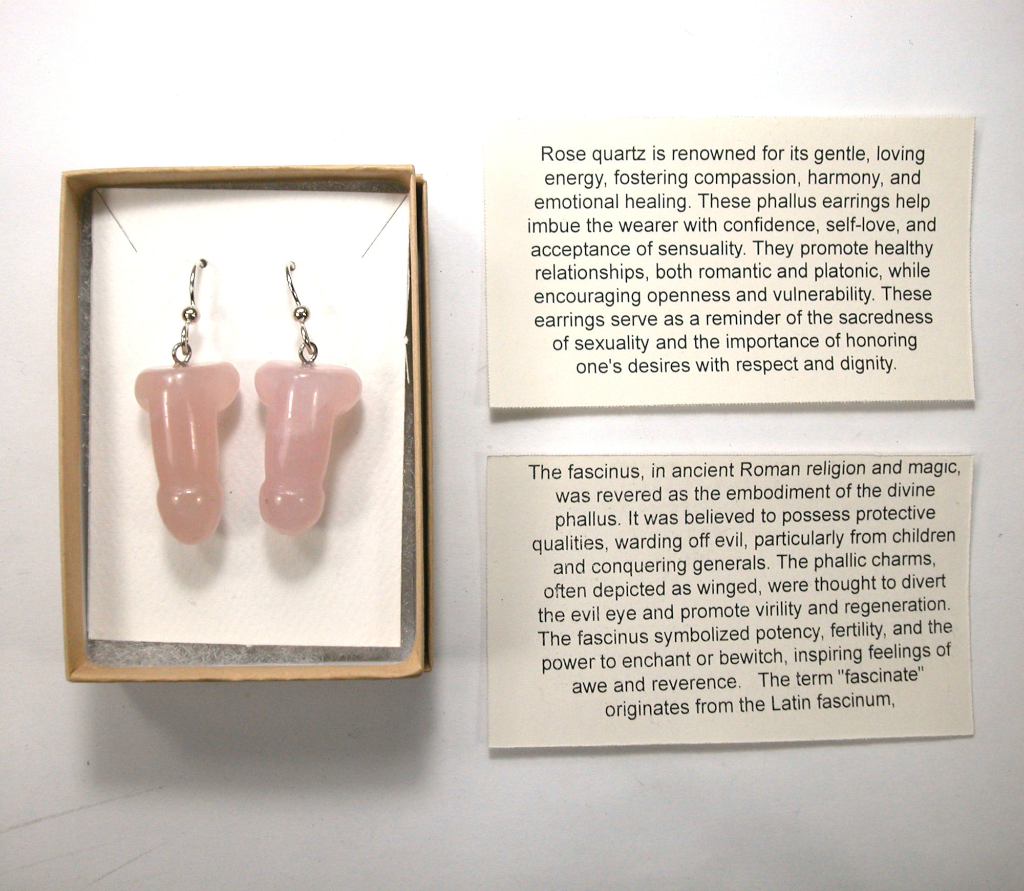 DVH Rose Quartz Penis Sterling Earrings Metaphysical Phallus Crystal Fascinus - DVHdesigns