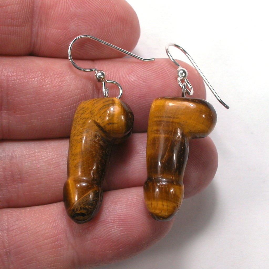 DVH Tigers Eye Penis Sterling Earrings Metaphysical Phallus Crystal Fascinus - DVHdesigns