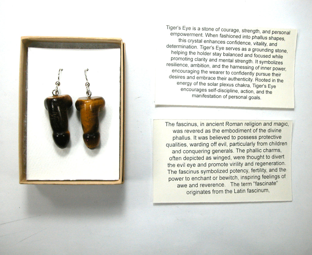 DVH Tigers Eye Penis Sterling Earrings Metaphysical Phallus Crystal Fascinus - DVHdesigns