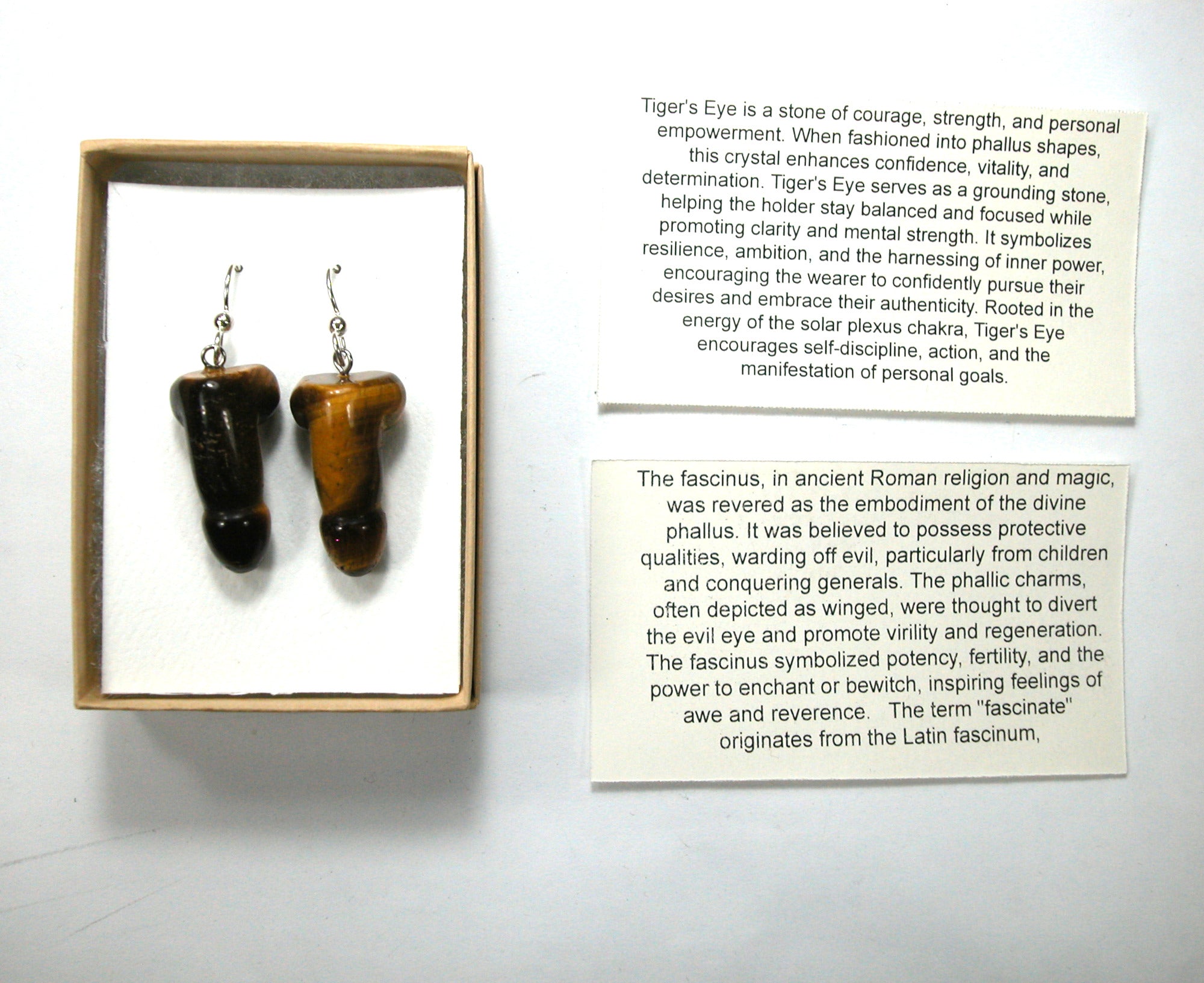 DVH Tigers Eye Penis Sterling Earrings Metaphysical Phallus Crystal Fascinus - DVHdesigns