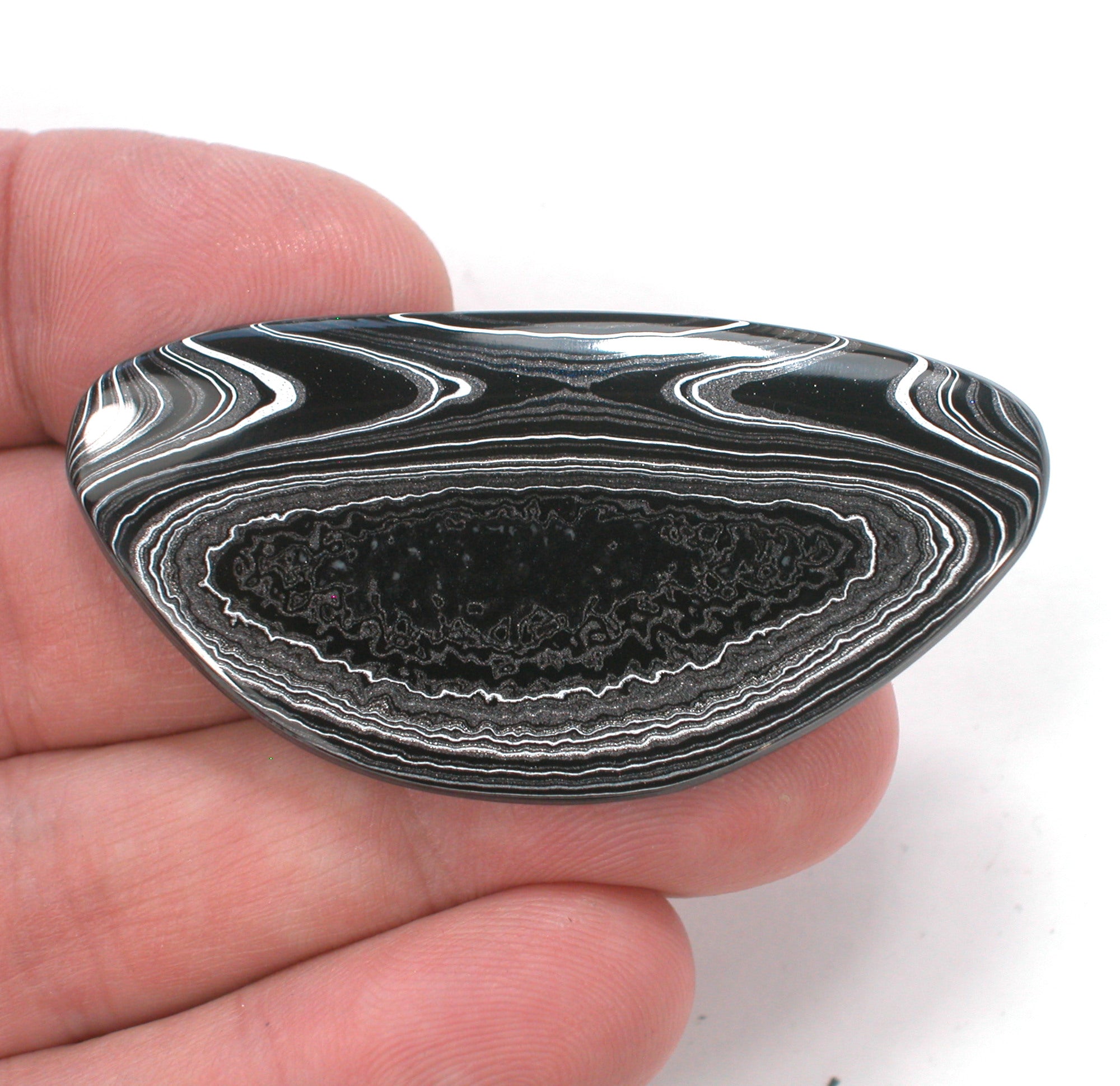 DVH Black Onyx Fordite Crown of Silver Sheen Cabochon 56x28x4 (4696) - DVHdesigns