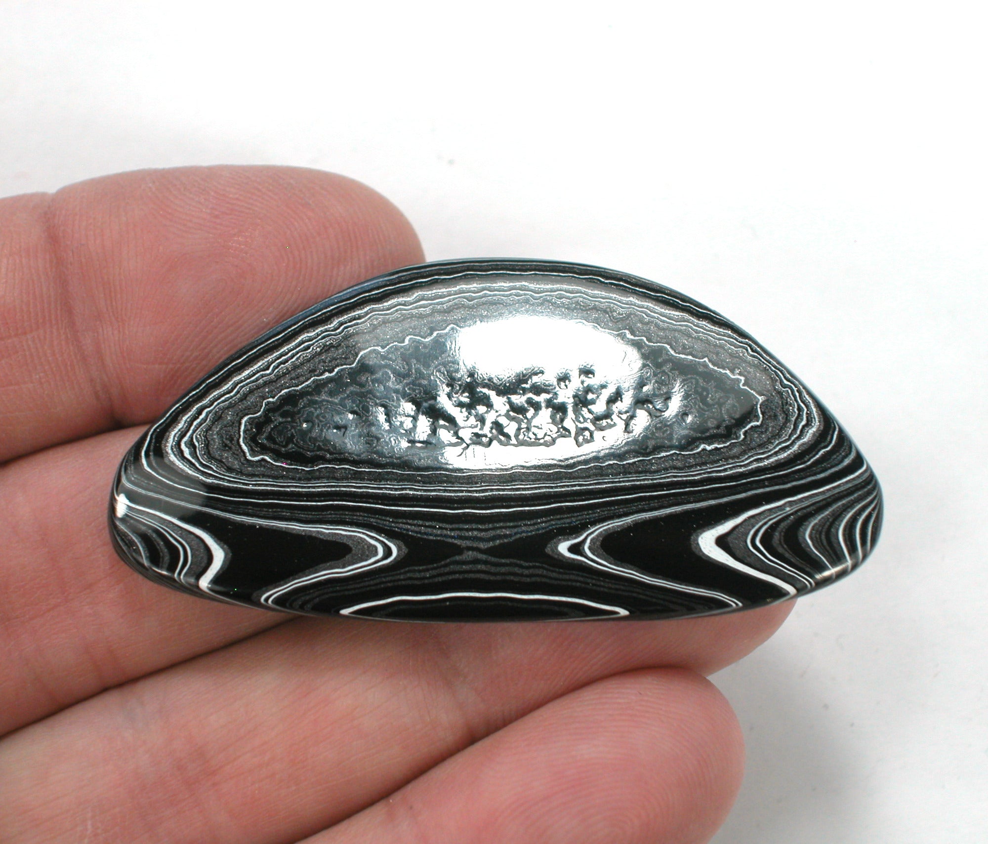 DVH Black Onyx Fordite Crown of Silver Sheen Cabochon 56x28x4 (4696) - DVHdesigns