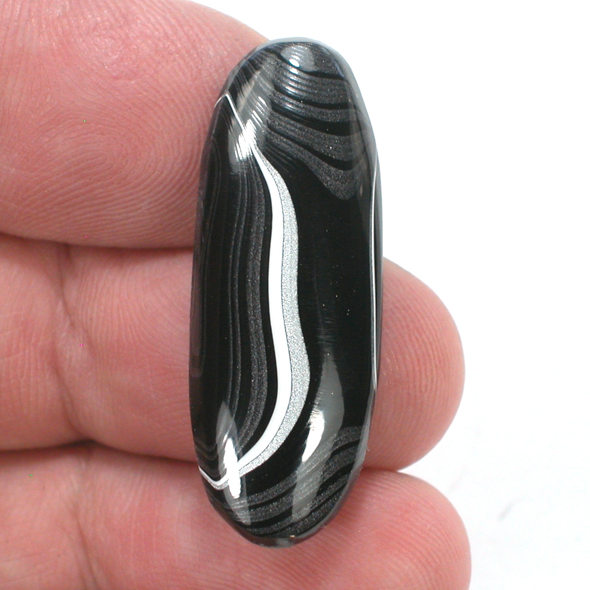 DVH Black Onyx Fordite Crown of Silver Sheen Cabochon 35x13x5 (4703) - DVHdesigns