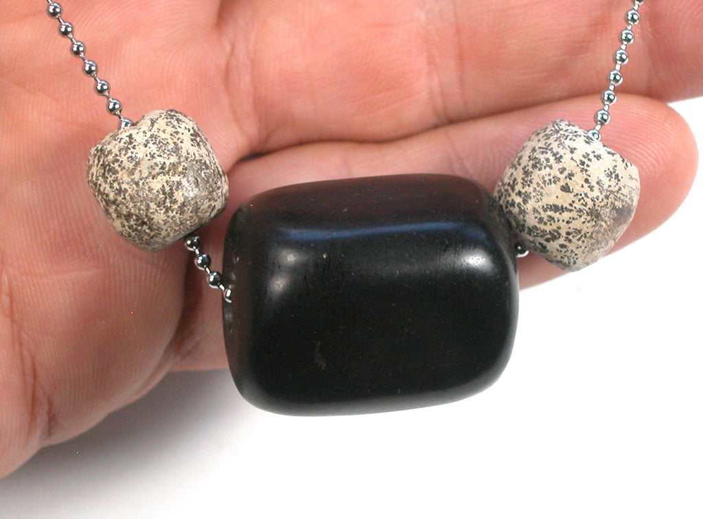 DVH Jet & Fossil Mammoth Bone Bead Necklace Extinction Mourning Jewelry (4914) - DVHdesigns